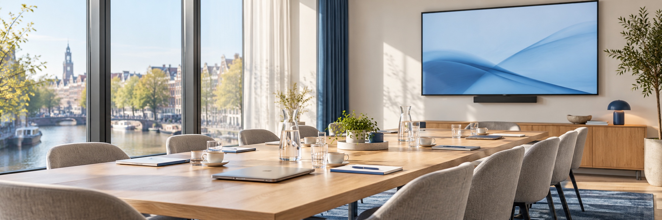 Heller Besprechungsraum mit großem Tisch und Blick auf die Gracht
